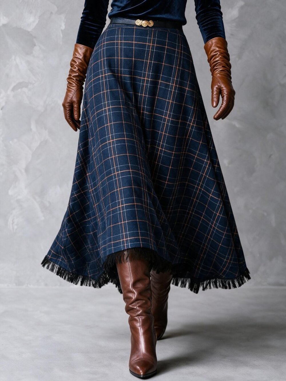 Navy Blue Elegant Women's Plaid Asymmetrical Hem Fringe Midi Skirt
